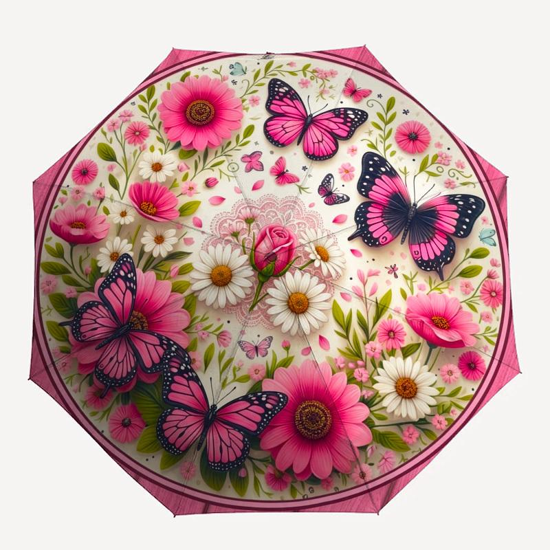 1pc Butterflies, Flowers, Circular Artwork Umbrella with Plastic Handle,Compact & Stylish,Suitable for All Seasons YS331064