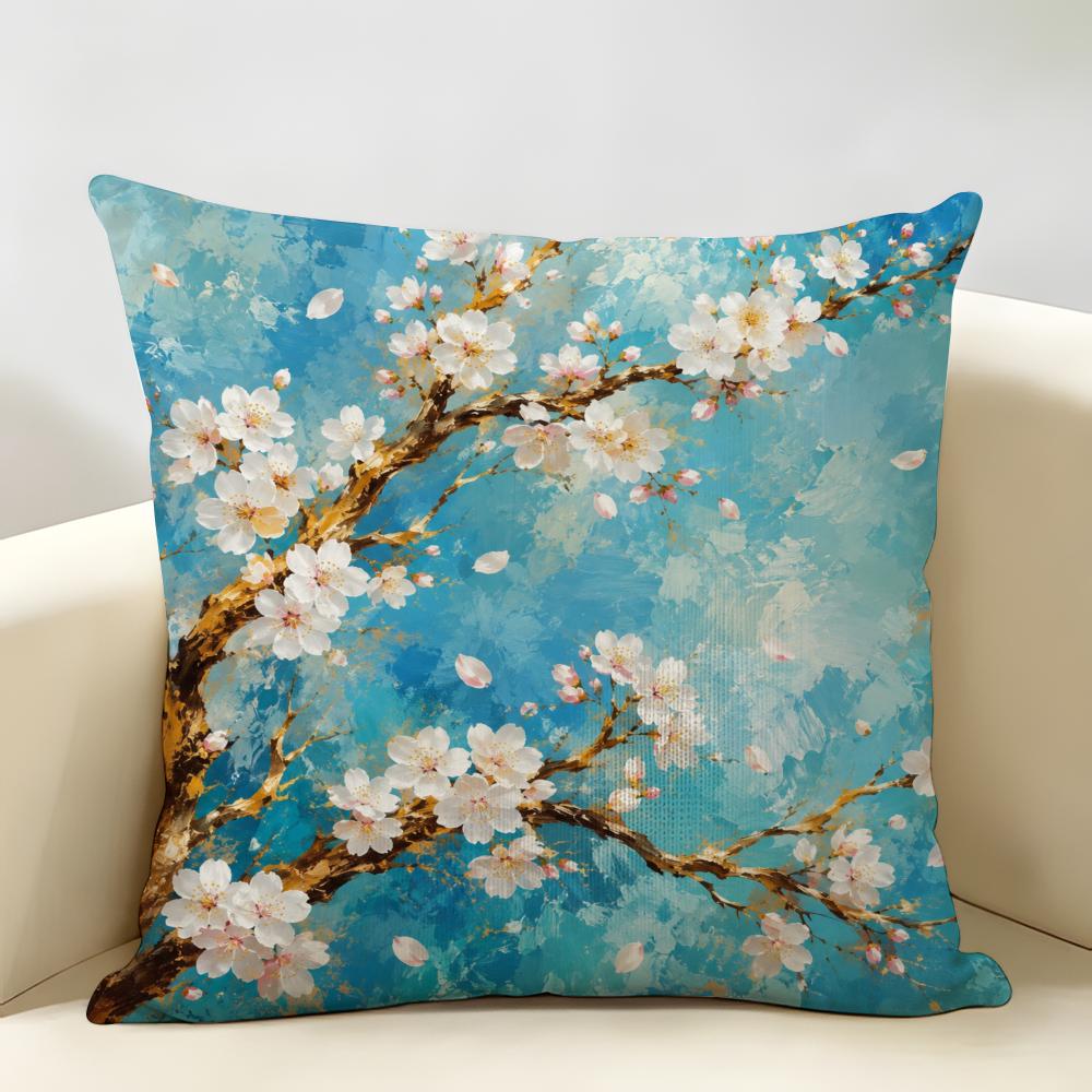 Japanese Cherry Blossom Cushion Cover Durable Hypoallergenic Organic Linen Pillow Cover Short Size Washable SkinFriendly