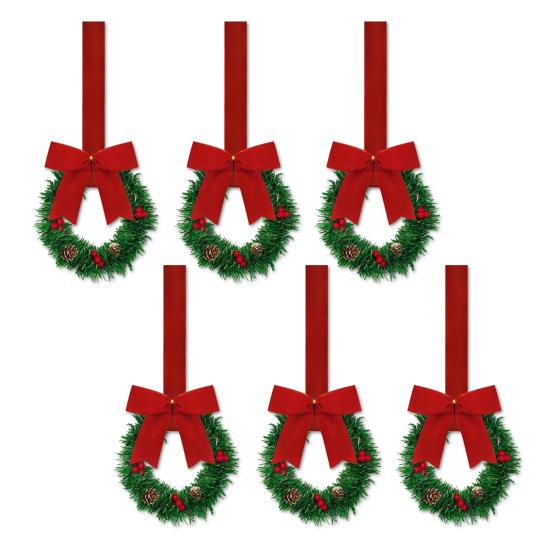 Yousheng 6 Pcs Small Christmas Wreath with Ribbon Artificial Cabinet Wreath with Red Berries Pine Cones for Home Kitchen Window Door Decor