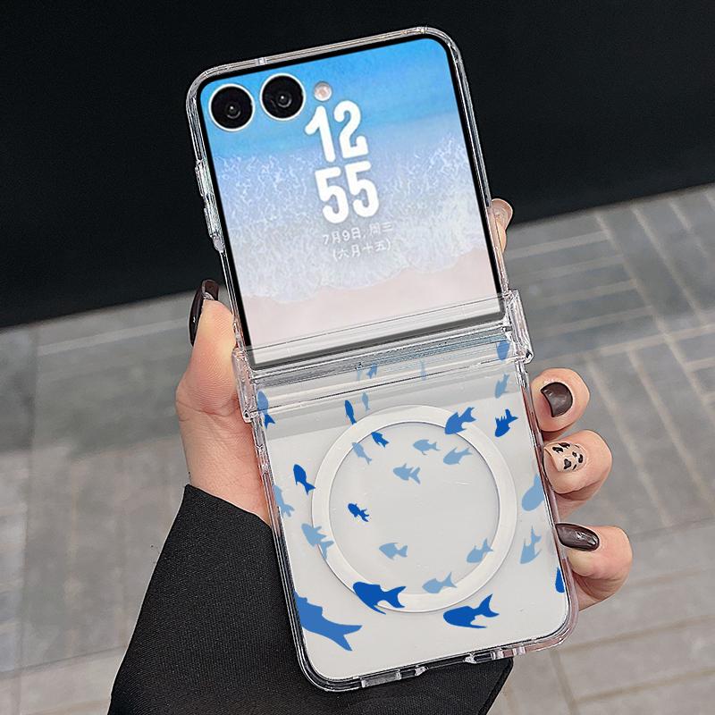 Hinged Magnetic Phone Case For Samsung Z FlIP 7 FE 6 5 Ocean Fish Whale Print Clear Hard PC Folding Phone Cover For Galaxy Z Flip7 Flip6 Flip5