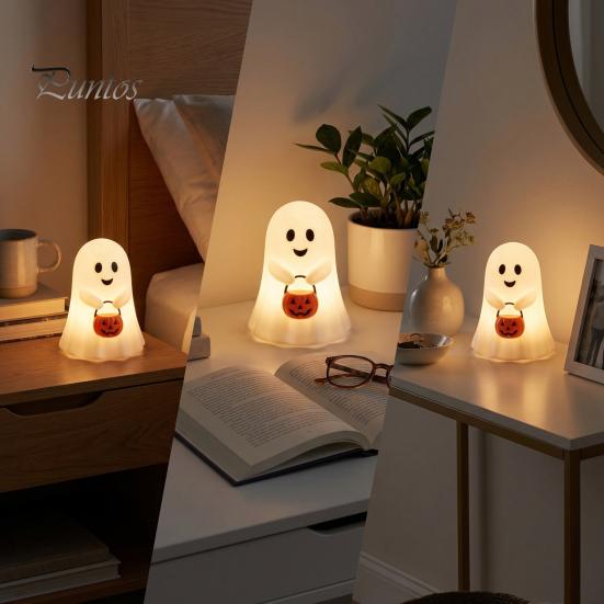 Festival Atmosphere Supplies Cute Ghost Holding Pumpkin Bucket Table Lamp, Halloween Spooky Bedside Christmas Eve Party Small LED Night Light