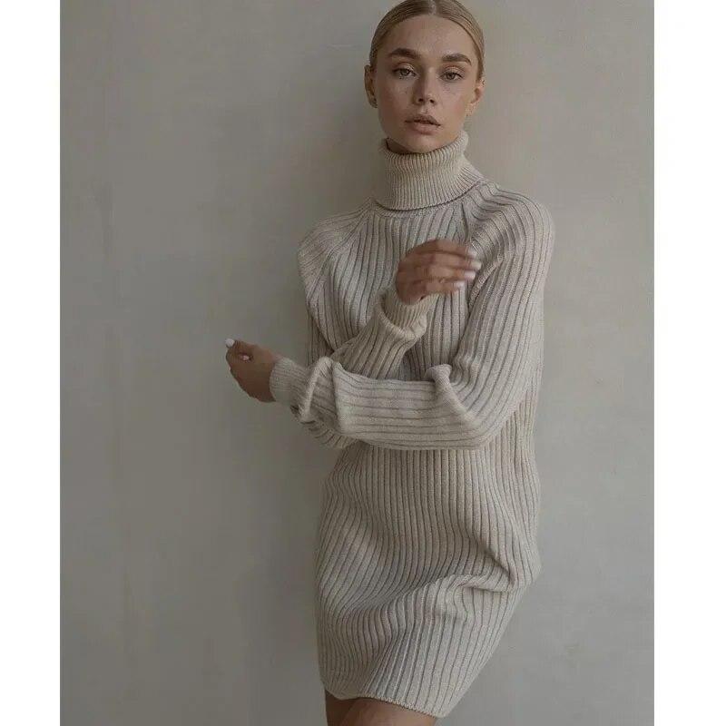 Casual Long Sleeve Turtleneck Sweater Dress Women Autumn Winter Short Knitted Dress Fashion Loose Slim Fit Solid Office-lady Dresses 30175