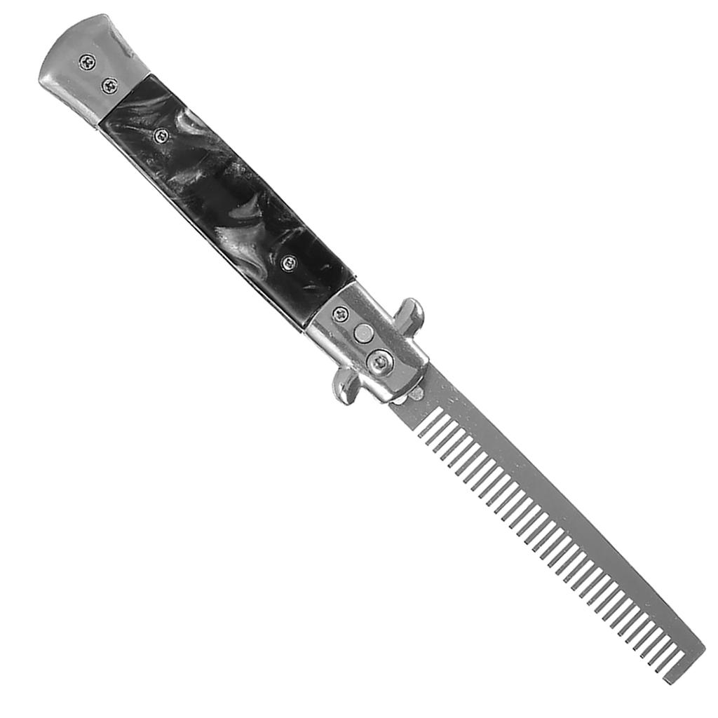 1 Stück Edelstahl Springmesser Taschenöl Haarkamm Klappbare Haarstylingbürste(Schwarz)