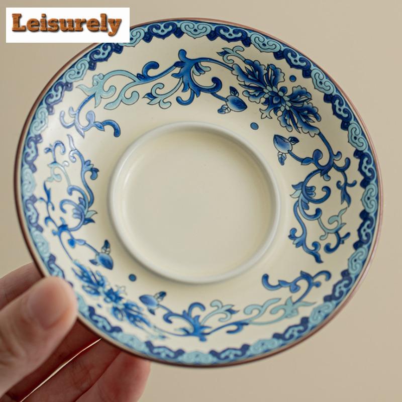 150ml Retro Ru Kiln Porcelain Gaiwan Modrobílý Požehnání Tři Talenty Čajová mísa Víko na čaj Miska Čajové Servisy Řemesla
