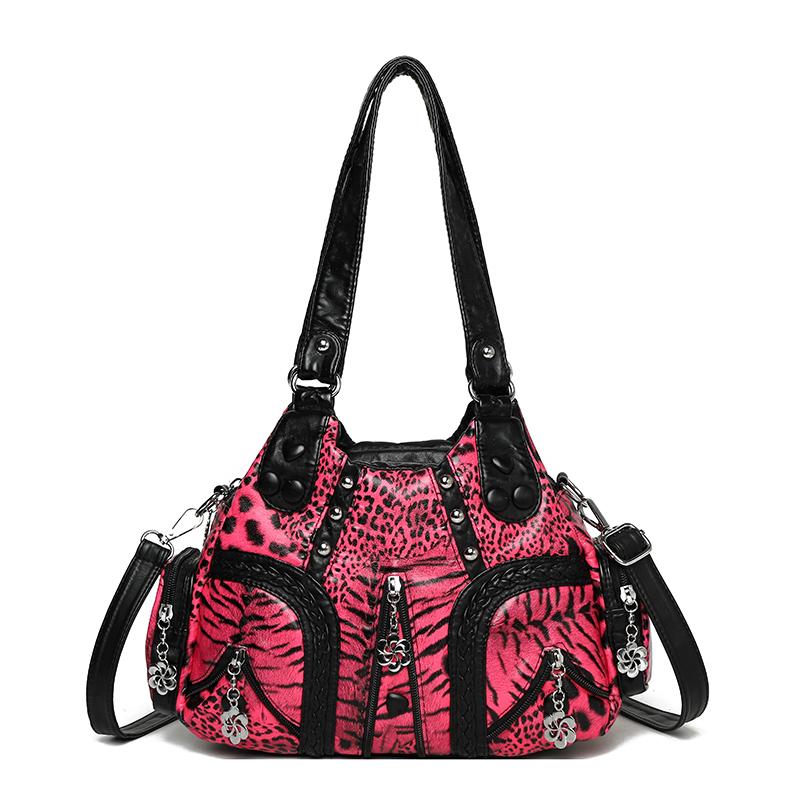Női leopárdmintás Hobo Táska, Puha PU Bőr Többzsebes Válltáska, Vintage Szegecses Táska Levehető Pánttal a Mindennapi Utazáshoz