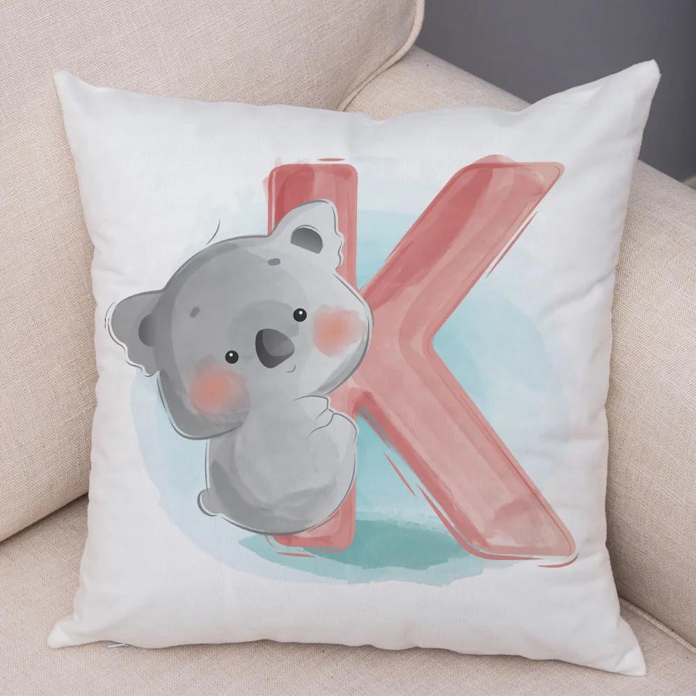 Cute Cartoon Animal Cushion Cover for Children Room Water Color English Letter Print Pillow Case Short Plush Pillowcase 45x45cm