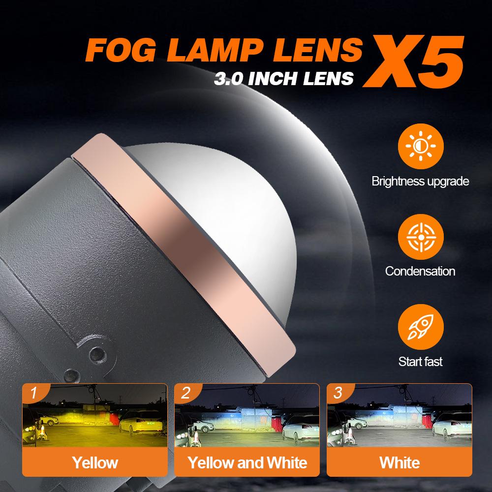 Car LED Fog Light, Bifocal Lens 3 Inches, Three-color LED Light 30-85W Double Direct Laser Fog Light Waterproof