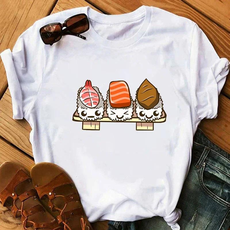 Cute Cartoon Sushi Pattern Printed Short Sleeved Round Neck Summer Top Casual Womens Tshirt
