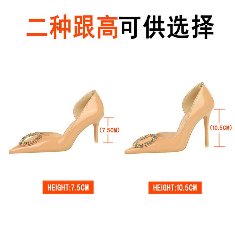 Banquet Women's Shoes High Heels Shallow Mouth Pointed Toe Side Hollow Patent Leather Metal Round Rhinestone Buckle Single Shoes