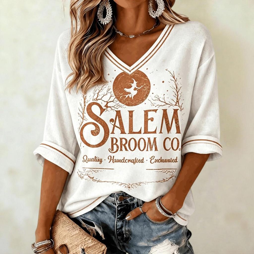 Women's Halloween Printed Neck T-Shirt Casual Fashion Short Sleeve Top