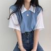 Summer Polo Lapel Fake Two-piece College Style Contrasting Short-sleeved T-shirt for Women Loose Casual Versatile Top