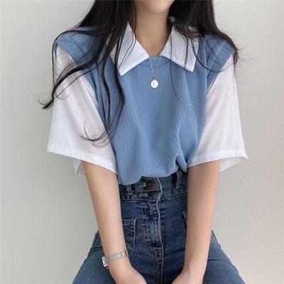 Sommer Polo Revers Fake Zweiteiler College Stil Kontrastierendes Kurzarm T-Shirt für Damen Locker Lässig Vielseitiges Oberteil
