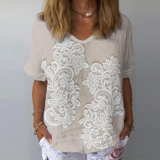 Women Shirt Embroidery Flower Pattern V-neck Dropped Shoulder Short Sleeve Shirt Tops A-Line Loose Fit Soft Summer Tops