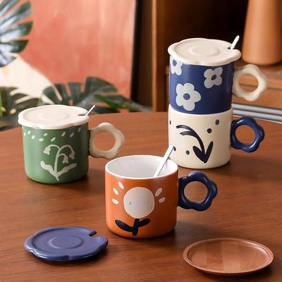 Retro Underglaze Ceramic Mug with Lid and Spoon