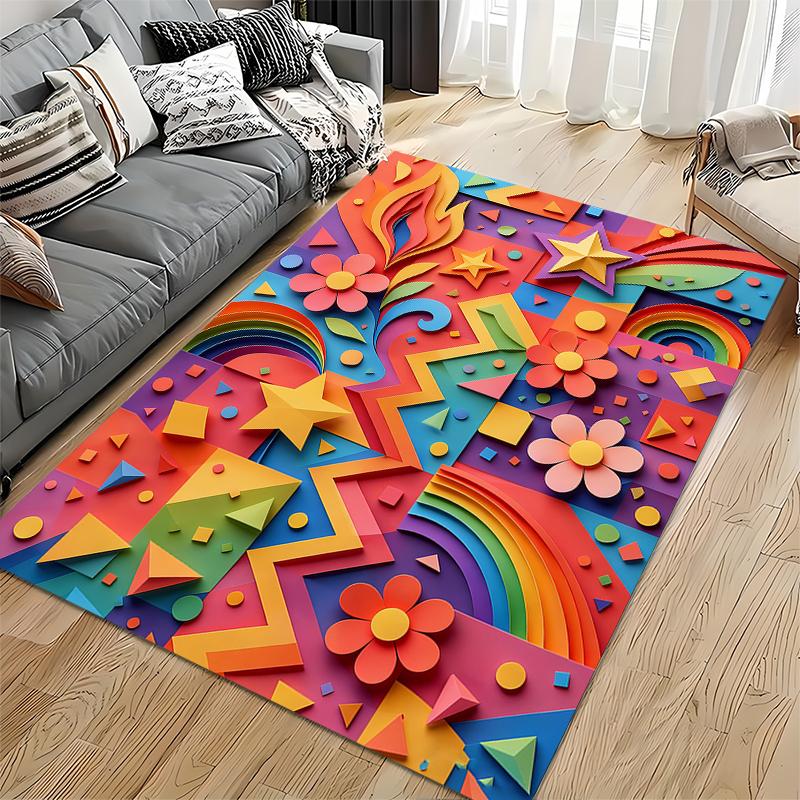 Colorful Geometric Carpet with Stars, Rainbows, and Floral Design Suitable for Use As an Anti-slip for Living Room Bedroom Sofas