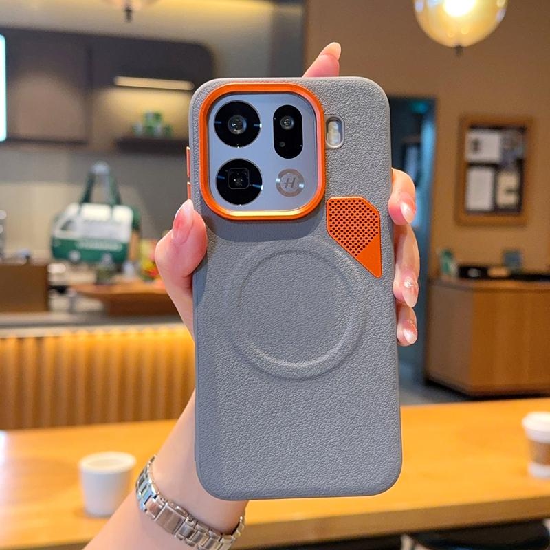 For Oppo Find X9 and Oppo Find X9 Pro Case Orange Vent Magnetic Suction Ring Lens Heightening Protective Camera Protect Cover Artificial leather&OPPO Find X9