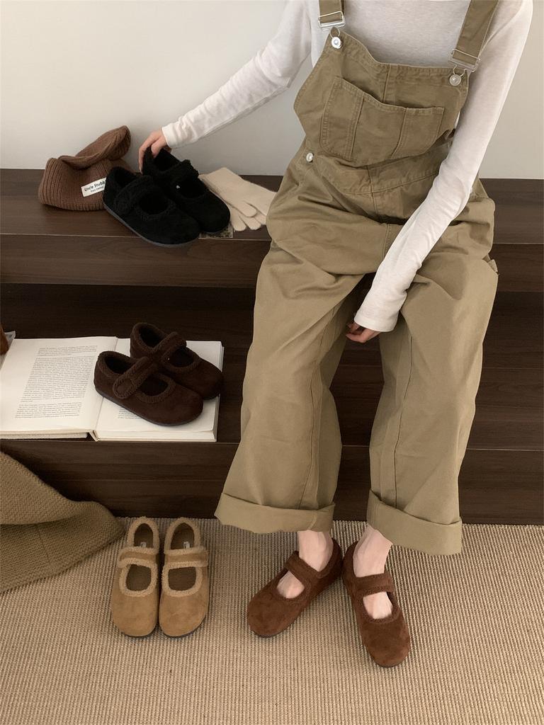 2025 autumn and winter new French retro round head Velcro warm fluffy shoes women's versatile Birkenstocks