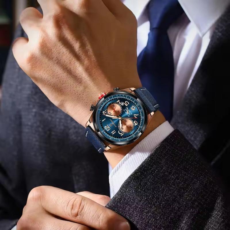 POEDAGAR Luxusní pánské hodinky Quartz Nylonový kožený řemínek Náramkové hodinky Vodotěsné Svítící Chronograf Datum Hodinky Reloj+krabička