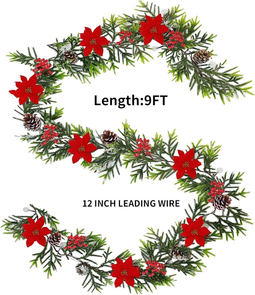 2 Pack 9' Pre-lit Flocked Christmas Garland, Lighted Poinsettia Spruce, Battery Operated, Green Red