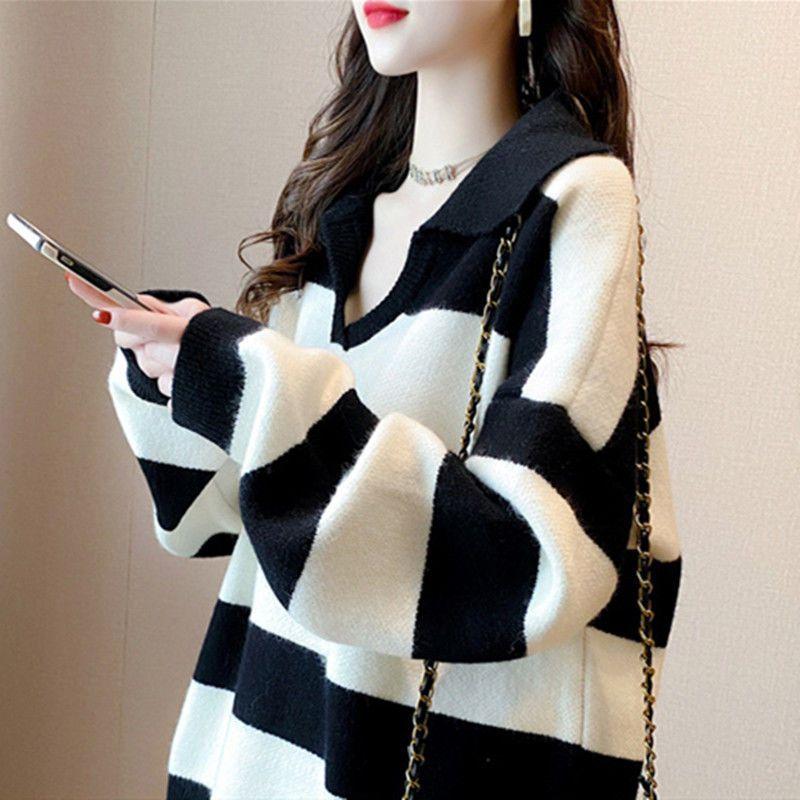 New Autumn and Winter Retro Lazy Minimalist V-neck Stripe Color Matching Loose Casual Oversized Thickened Women's Sweater