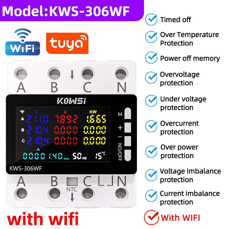 Tuya Wifi Power Energy Meter Color Screen 3 Phase 4wire Rail Meter AC Monitor KWh Tester Voltage Current Protection Relay Switch
