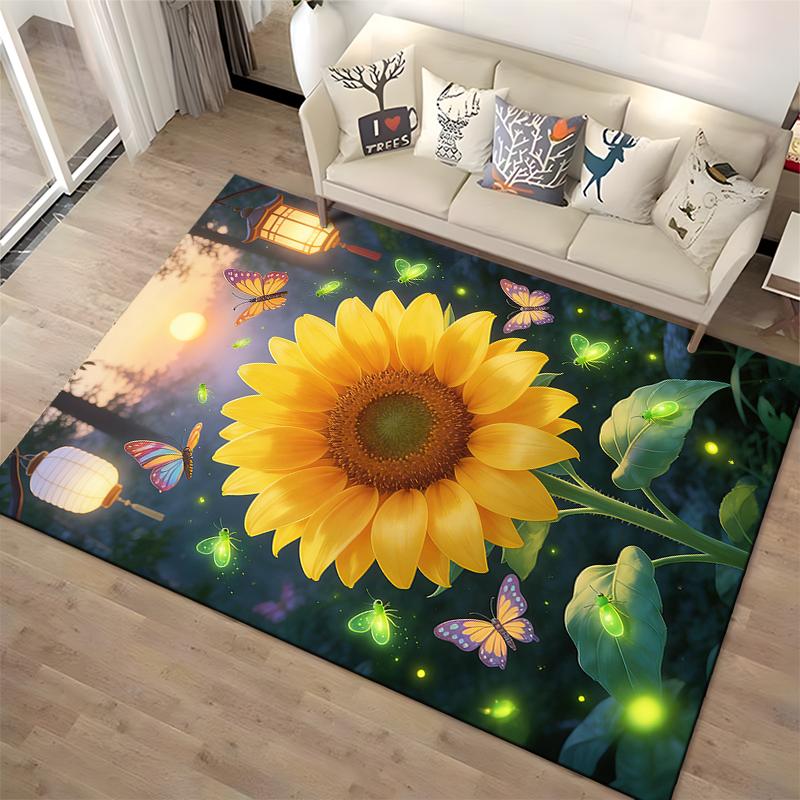 Sunflower Carpet with Butterflies and Fireflies, Glow Effect, Night Scene Suitable for use as an anti-slip for living room bedroom sofas
