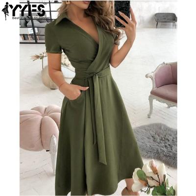 Damenmode Sommer Frühling Einfarbiger Druck Kurzarm POLO-Ausschnitt Hohe Taille Freizeitkleider