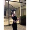black one-word neck dress for women's summer temperament, slim and thin, waist pinched, hip wrapped long skirt