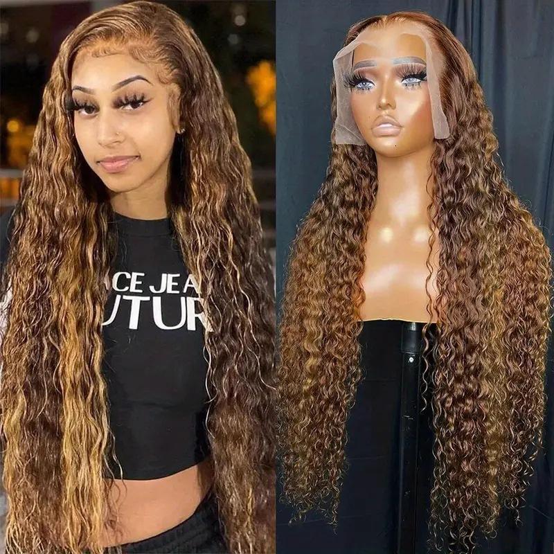 Fashion piano color wig hot selling front lace small coiled tube chemical fiber full headgear коричневый/золотой
