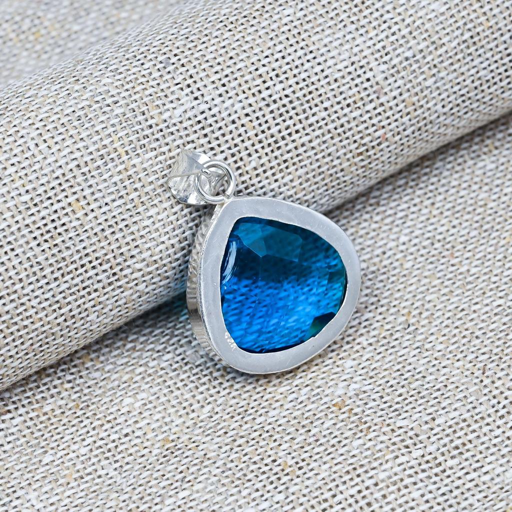 Blue Topaz Natural Gemstone Jewelry  Handmade Pendant  925 Solid Sterling Silver For Wedding Gift