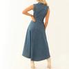 Women's Sleeveless Denim Dress, Lapel, Button Front, Waist Tie, Frayed Hem