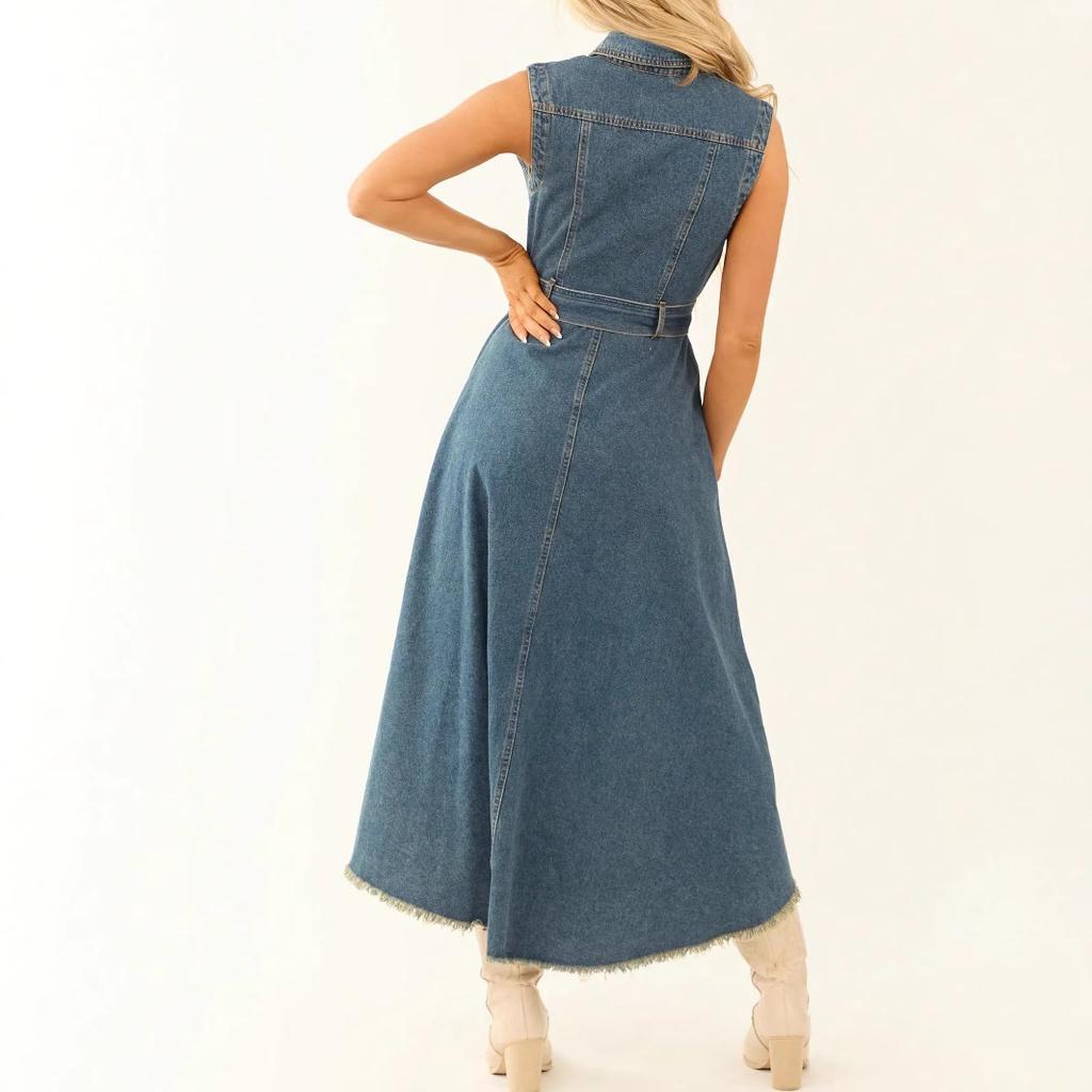 Women's Sleeveless Denim Dress, Lapel, Button Front, Waist Tie, Frayed Hem