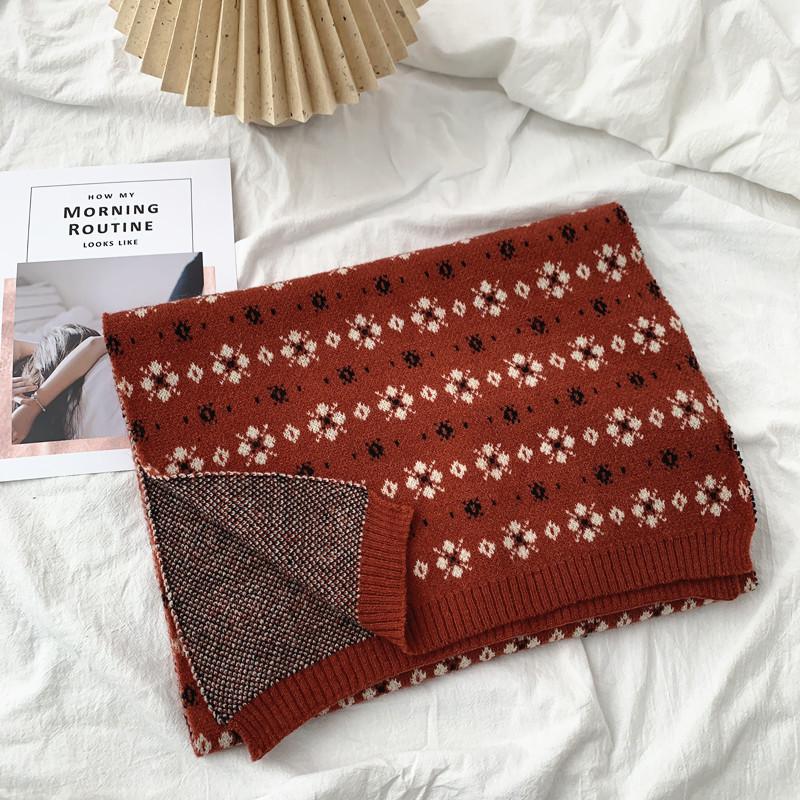 Winter New Ins Floral Wool Scarf Thickened Warm Scarf Student Japanese Retro Scarf Versatile
