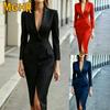 Moda Feminina Outono Inverno Cor Sólida Estampa Decote V Manga Longa Vestidos Casuais