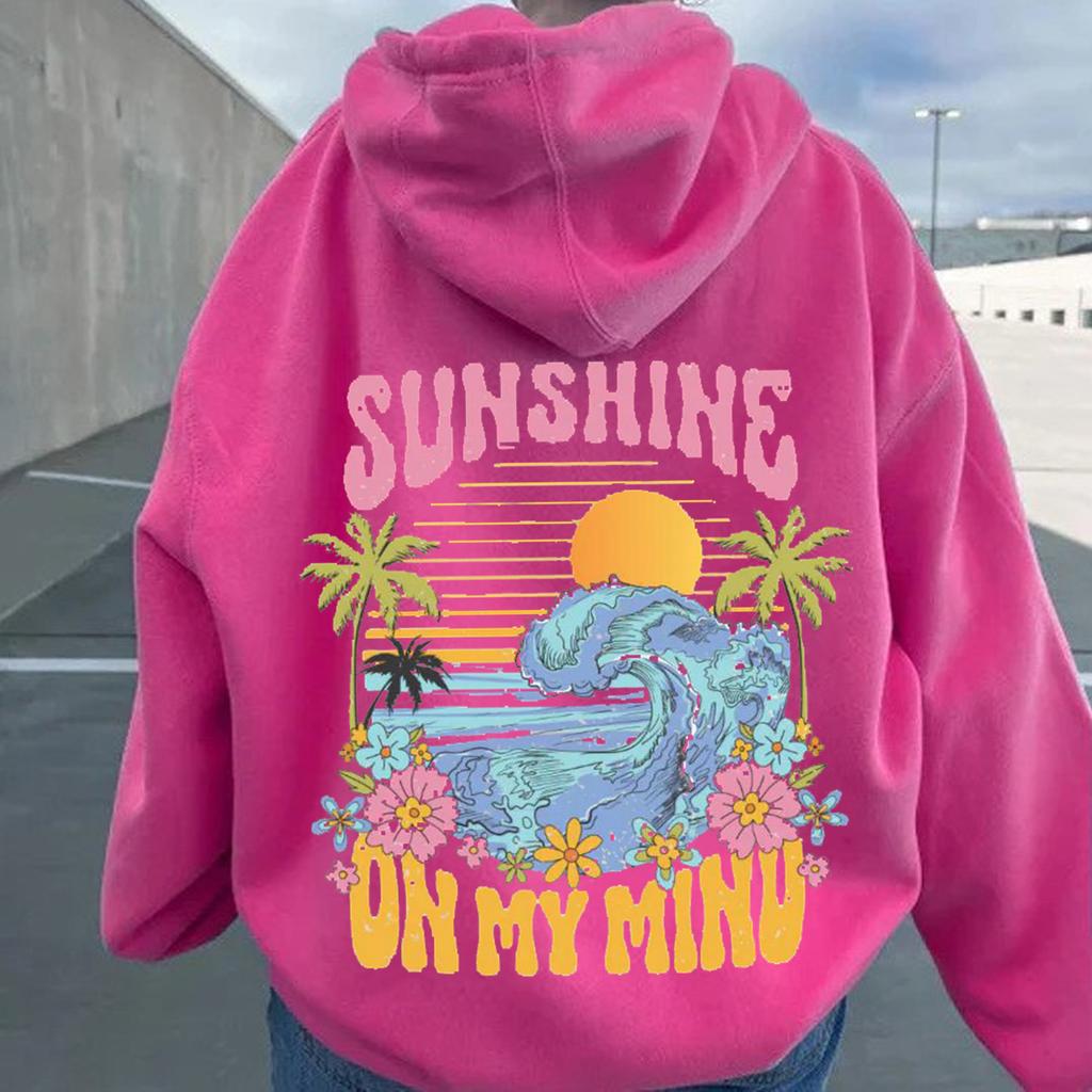 2025 Popular Fashion Hooded Sweater Ins Women's Shoulder Sleeves Fashion Sunshine Wave Sweater Print