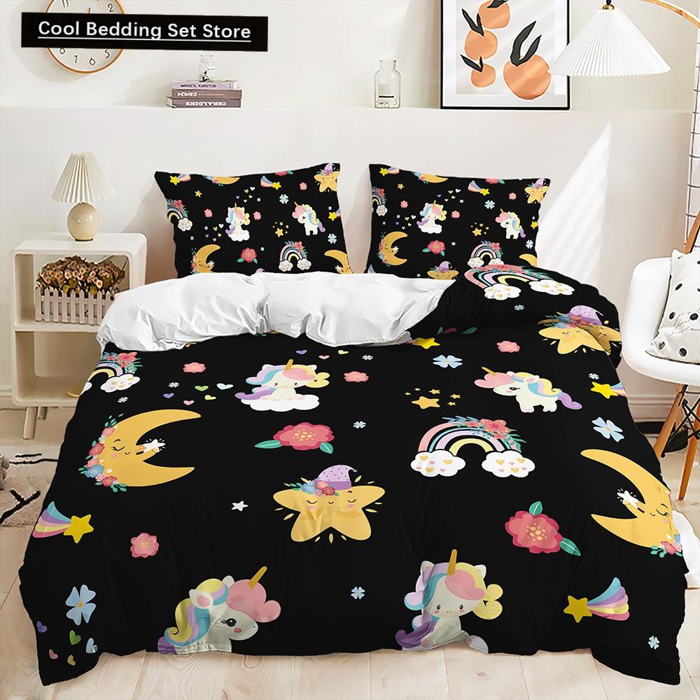 Rainbow Unicorn Bedding Set King Queen Size Rainbow Unicorns Duvet Cover Set with Pillowcase Polyester Bed Linen for Kids Girls