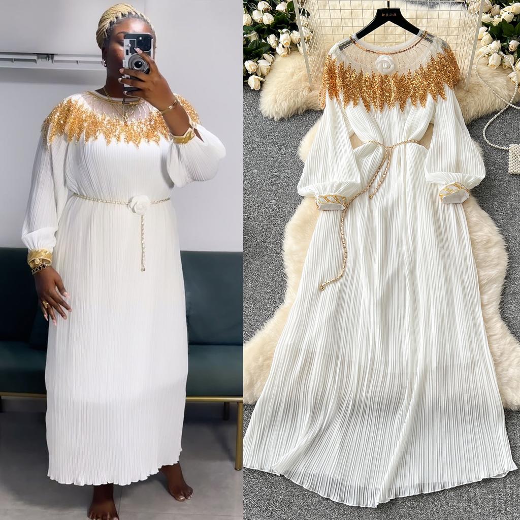 Vintage Court Style Autumn Heavy Industry Sequined Embroidered Long Pleated Bubble Sleeve Dress Women's Pleated Skirt