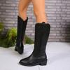 Retro Elegante Damen Kniehohe Stiefel Dicke Absätze Einfarbig Spitz zulaufende Spitze Hohe Stiefel Herbst Winter Büro Damenschuhe Frau