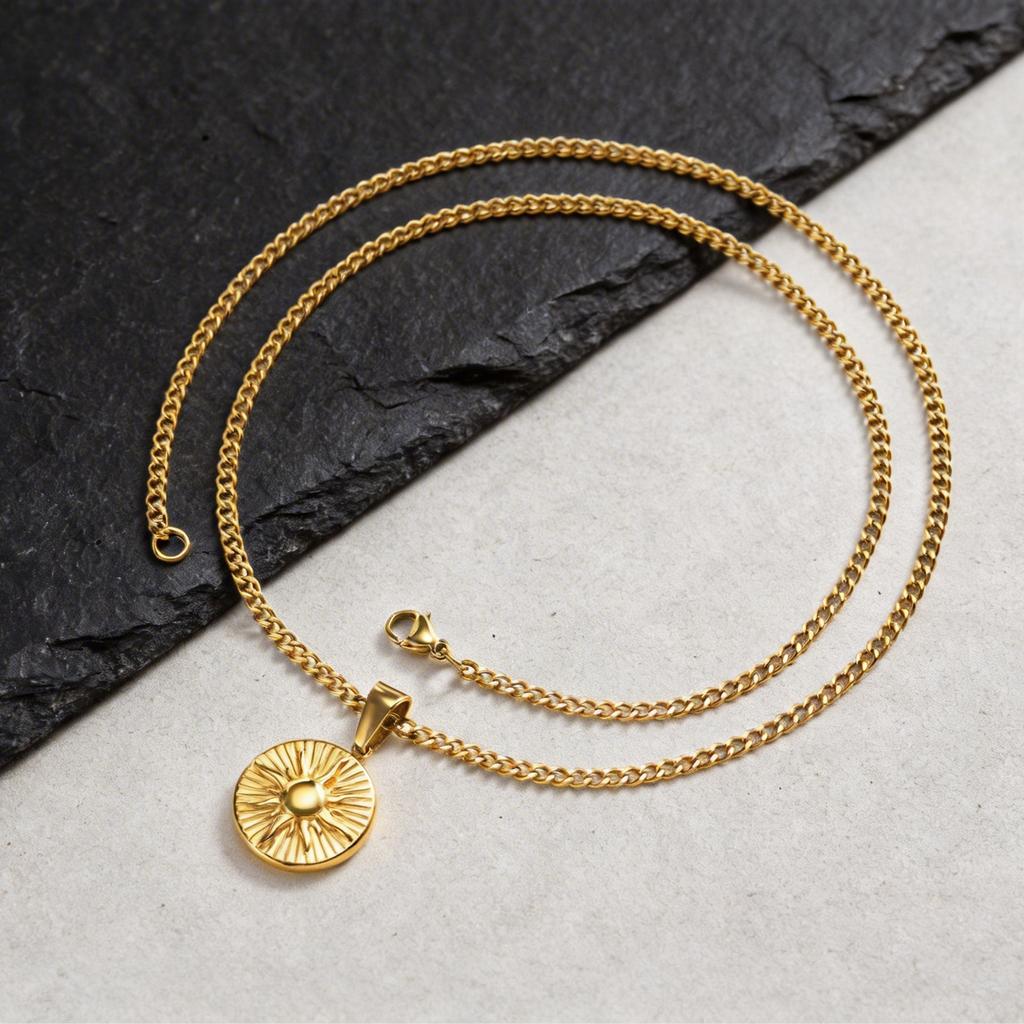 Vnox Sunburst Pendant Necklace for Men, Gold Plated Gray Stainless Steel Link Chain, Trendy Jewelry Gift for Husband Son Dad