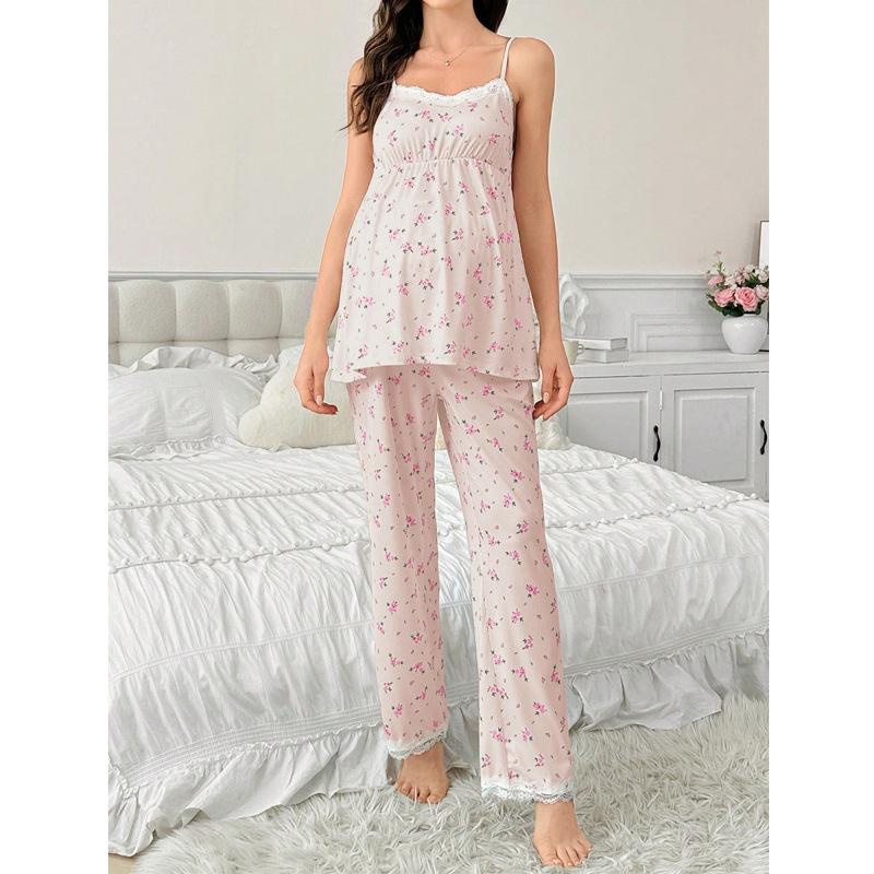 Sweet Floral Maternity Pajamas: European & American Three-Piece Set with Cardigan, Sling Top, and Long Pants for Spring & Autumn