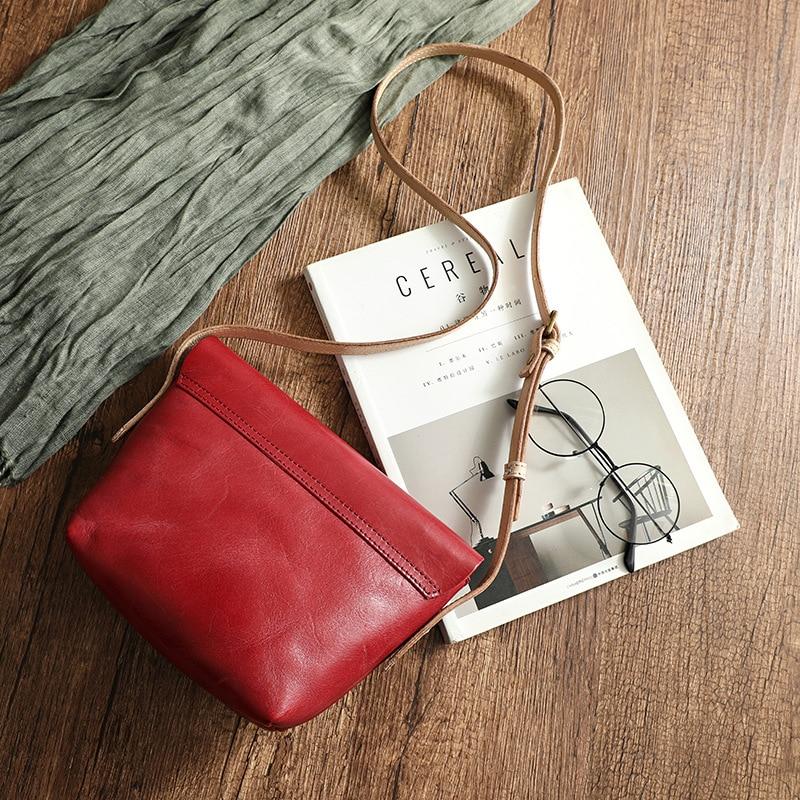 Johnature Einfache natürliche Rindsleder Frauen Tasche Vintage echtes Leder handgemachte kleine einfarbige Schulter- und Umhängetaschen