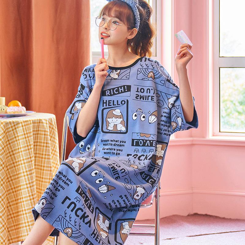 Girls' Summer, Spring and Autumn Short-sleeved Home Wear with Cute Cartoon Designs and Loose Style Pajamas and Nightgowns