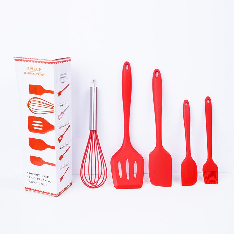 Set de 5 ustensile de bucătărie din silicon: Spatulă, Pensulă de ulei, Tel și Lingură de gătit