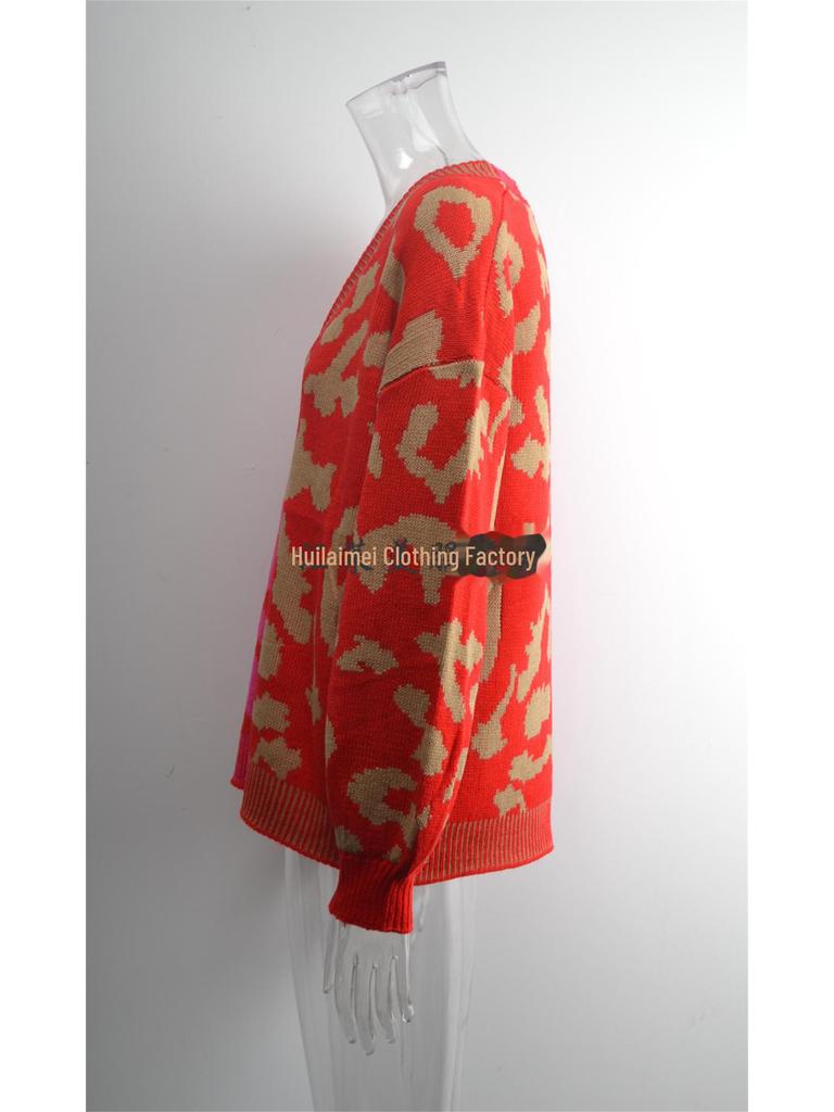 European & American Leopard Print Knitted Cardigan: Autumn/Winter, Mid-Length, Round Neck, Single-Breasted, Streetwear Style, Plus Size Sweater