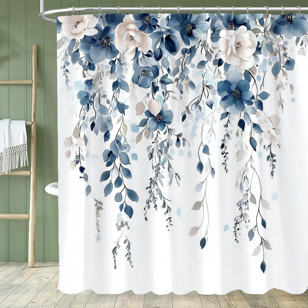 Watercolor Bohemian Floral Shower Curtain, Blue Floral, Waterproof Bathroom Curtain, Decorative Fabric Home Curtain With Hooks