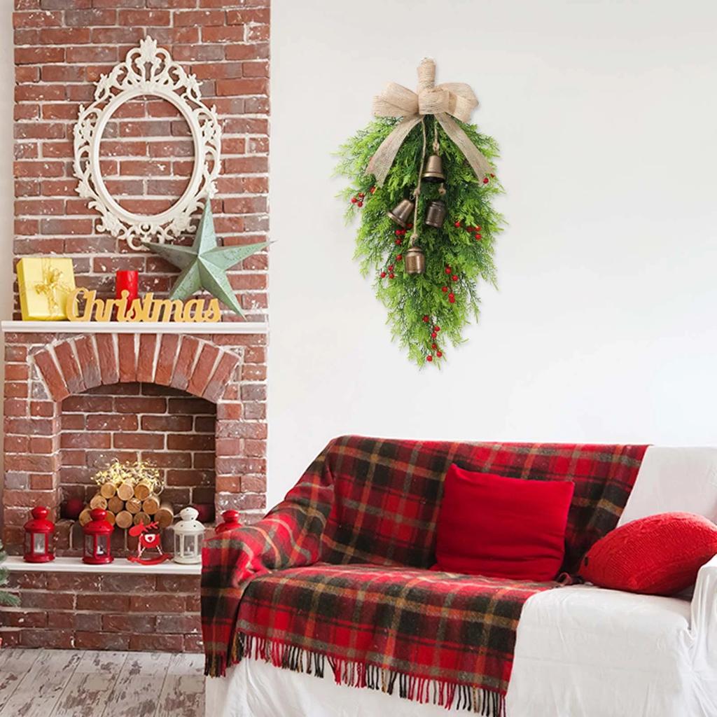 23.6 Inch Christmas Teardrop Swag, Artificial Cedar Teardrop Wreath With Bright Red Berries And Shining Golden Bells, Christmas Galand Swags For Front