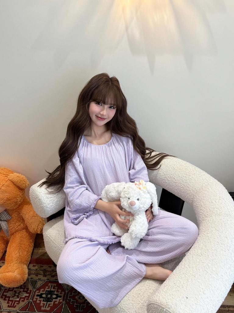 Women's Cotton Pajama Set - Solid Color, Long Sleeve, Long Pants, Casual Relaxed Fit for Spring/Summer.