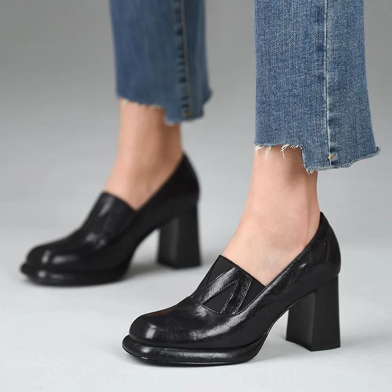 

Fashion 2024 Autumn New Women s High Heels Fashionable Square Toe Thick Heels Slip-on Women s Low-top Mary Jane Shoes 39 коричневий