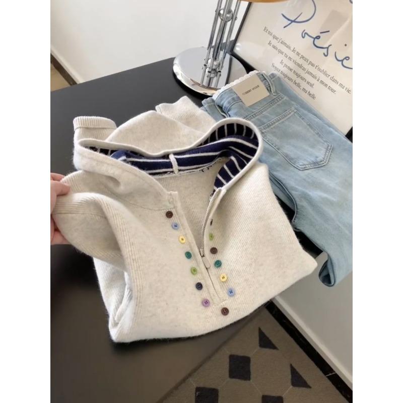 Korean Style Lazy Style Colorful Button Half Zip Hooded Sweatshirt for Women Autumn and Winter New Design Versatile Knitted Sweater