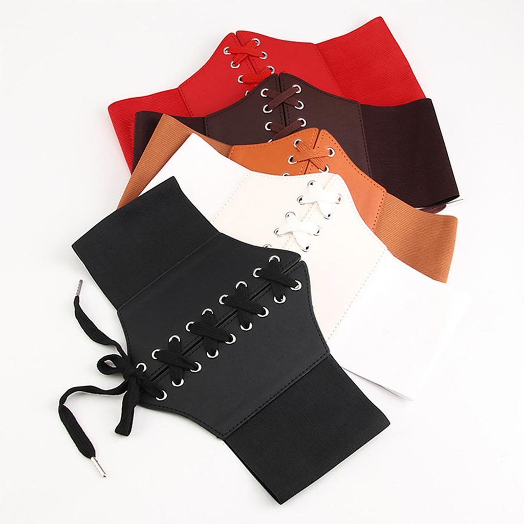 Elastic Waist Belt Stretch Lace Up Fashionable Elegant PU Wide Corset Belt for Women Black Free Size